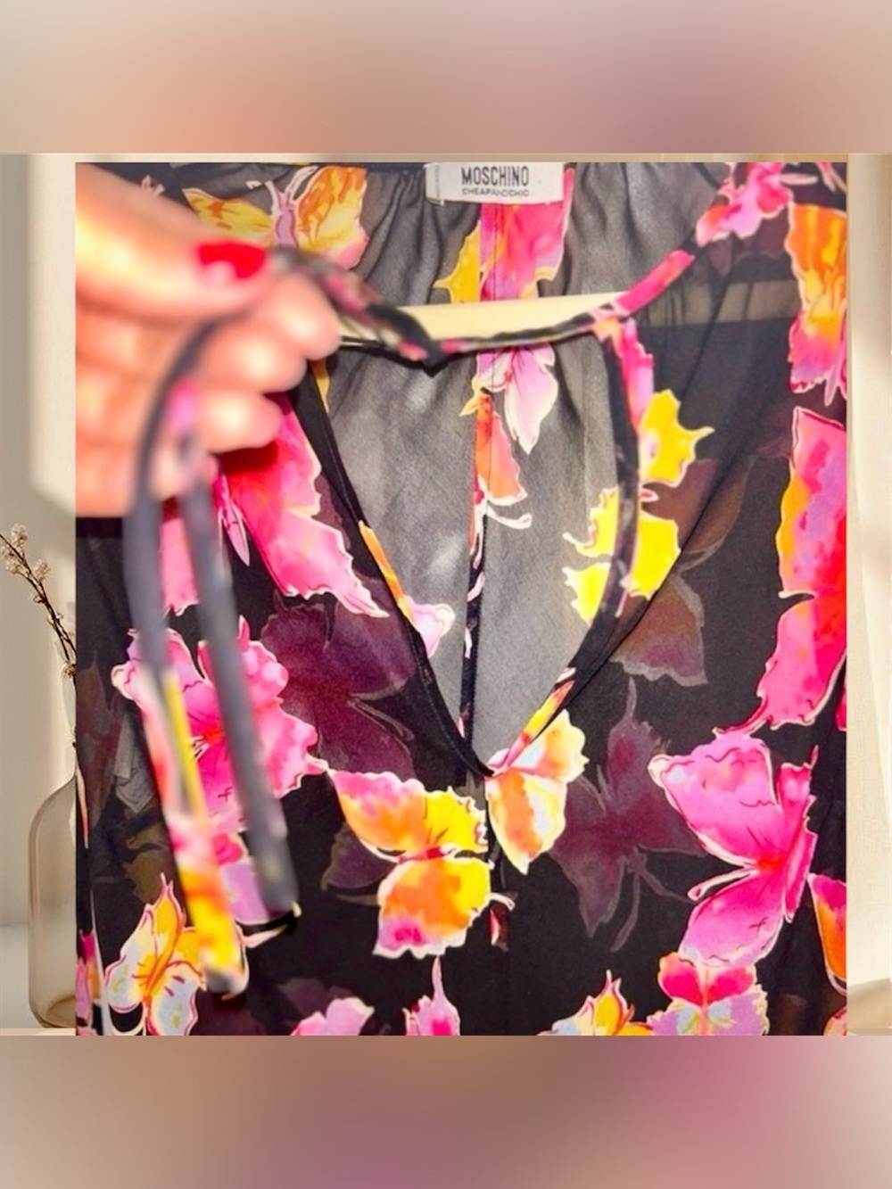 Vintage Moschino Butterfly Print Sheer Blouse Black Pink Y2K Chiffon Top - Picture 6 of 9
